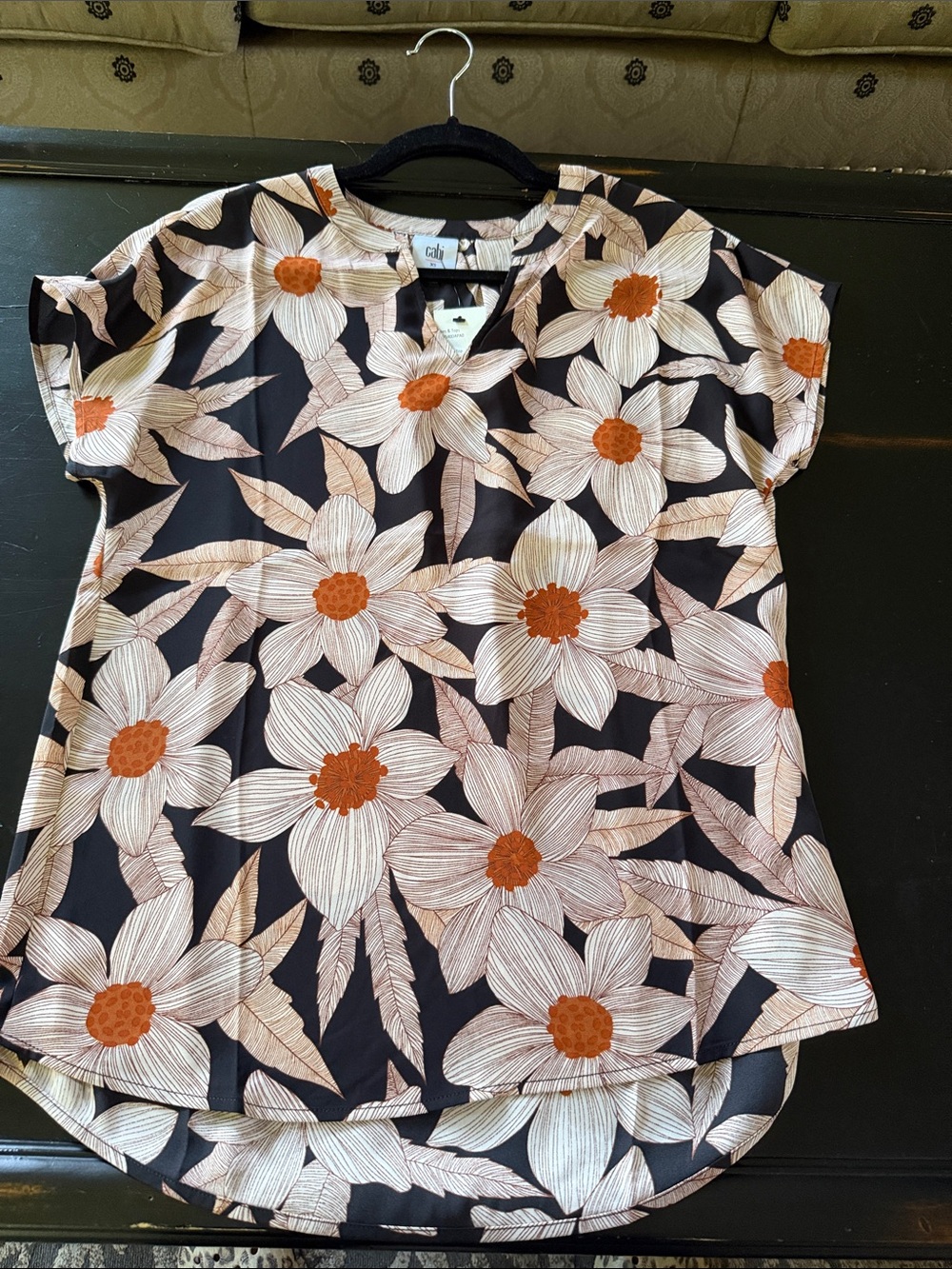 Cabi Floral Print Short Sleeve Blouse in Black and Cream with Orange Accent